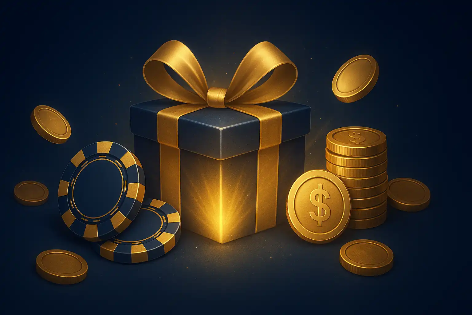 Bonus chips and coins stacked beside glowing sapphire slot reels